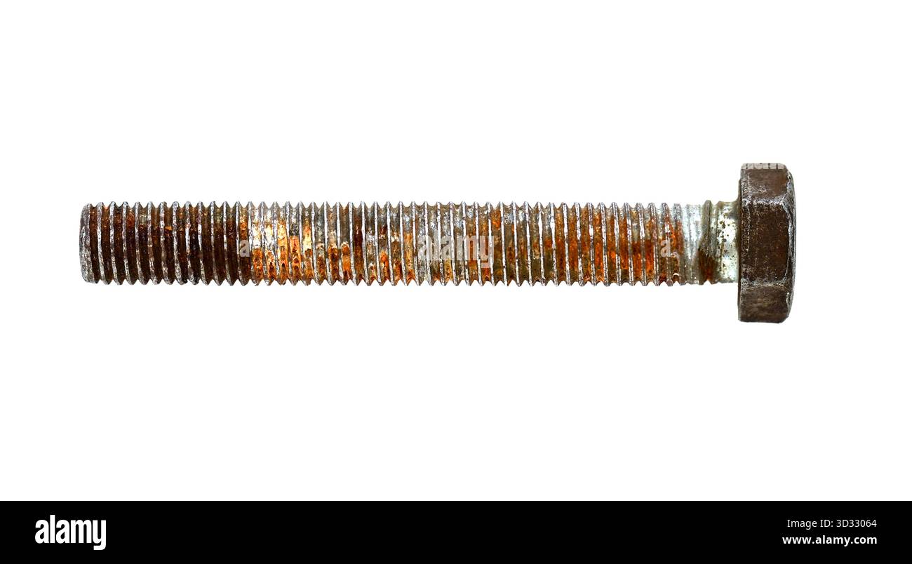 Old used rusty bolt or screw isolated on white, side view, clipping path Stock Photo