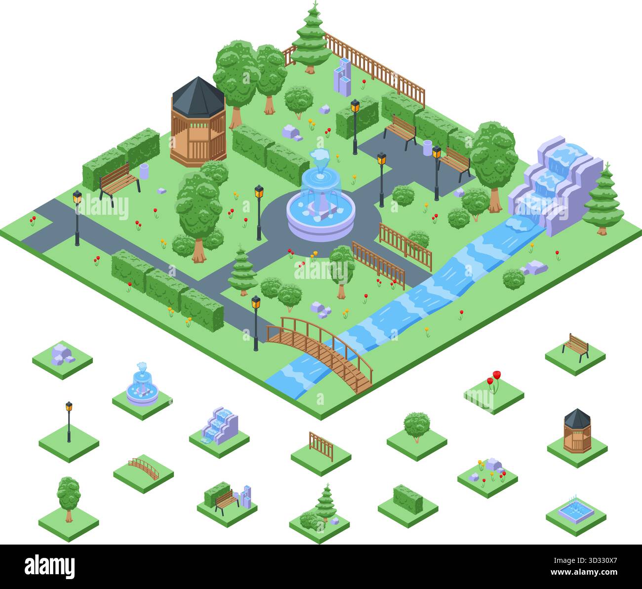 Isometric city park with fountain. Urban garden location with fountains ...