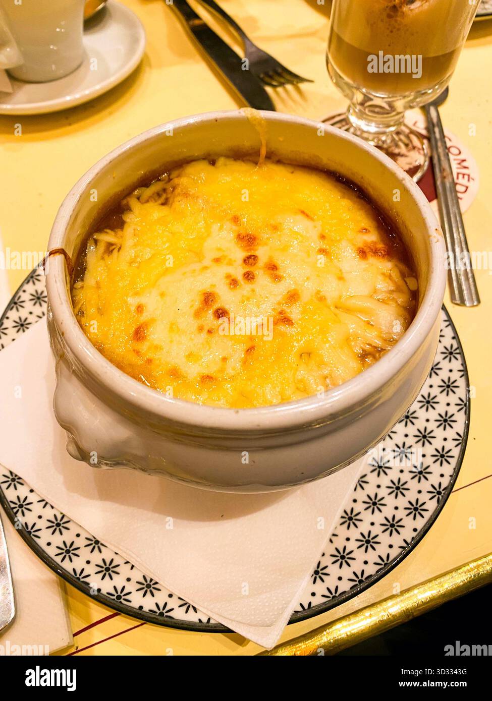French Onion Soup, Café de la Comédie, Paris, France. - Smartphone Captured Stock Image
