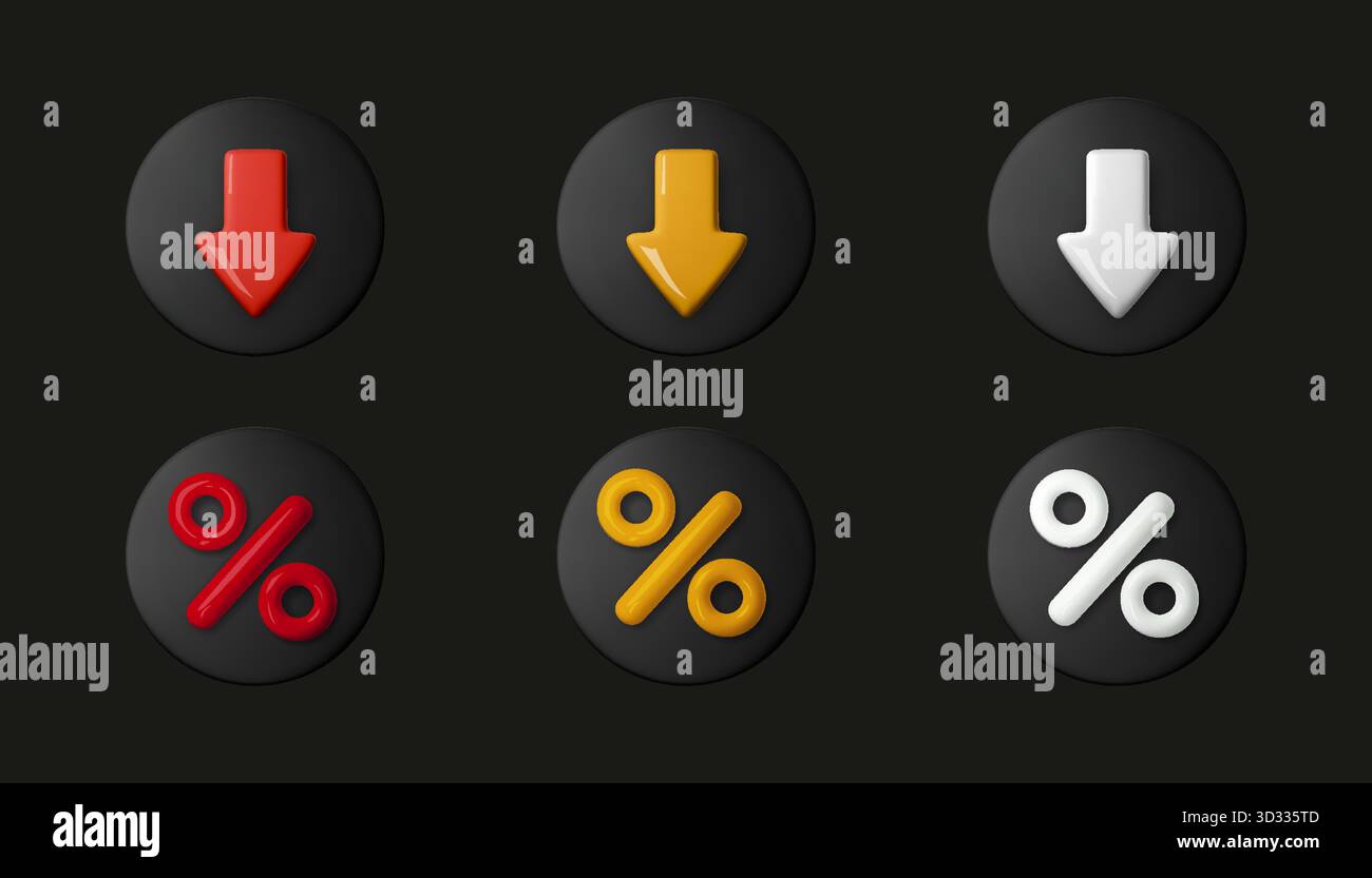 3D price and discount icons with down arrow and percent sign. Modern vector design symbolizing sale, offer, and financial decrease for business Stock Vector