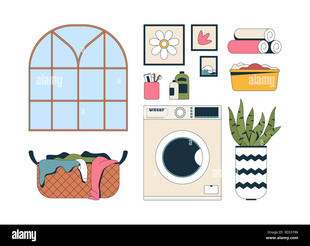 Laundry room essentials 2D cartoon objects set Stock Vector
