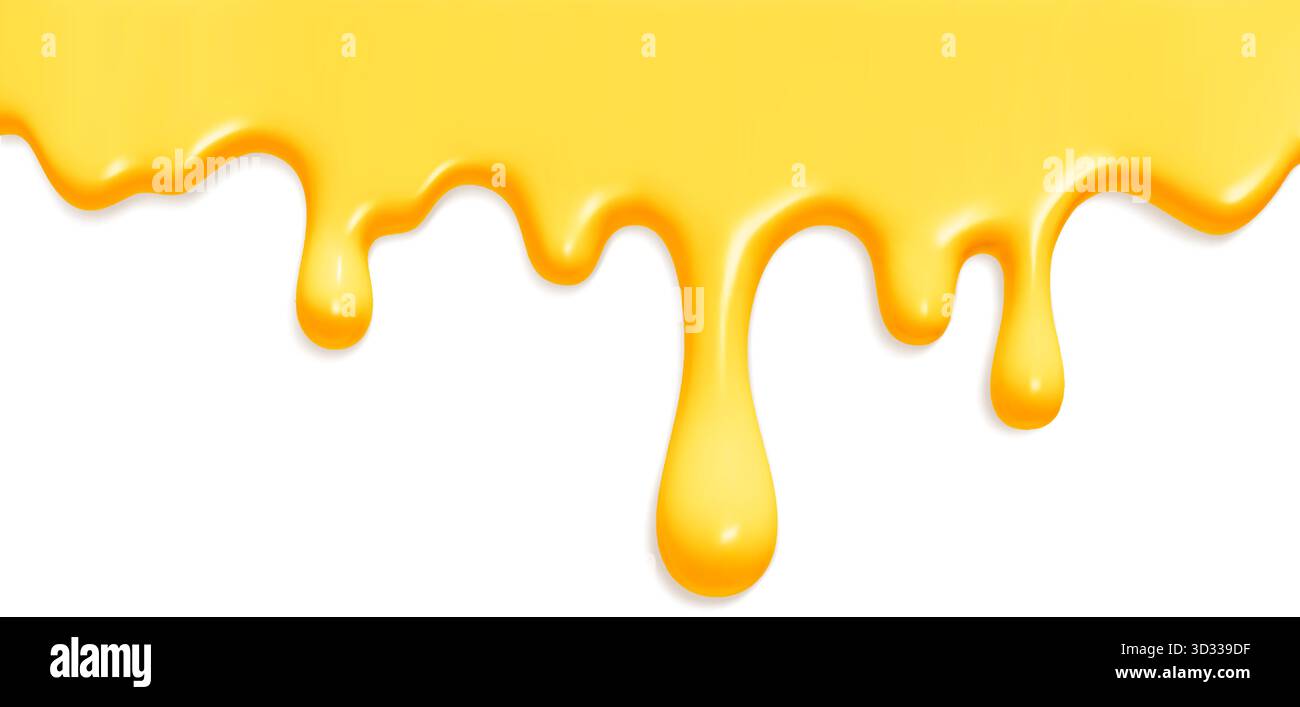Golden honey drips with glossy liquid texture on white bg, syrup streams melting downward in realistic viscous flow. Stock Vector