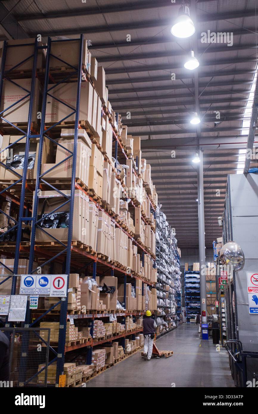 Men at work, wearing protective stuff, handling boxes in a warehouse Stock Photo