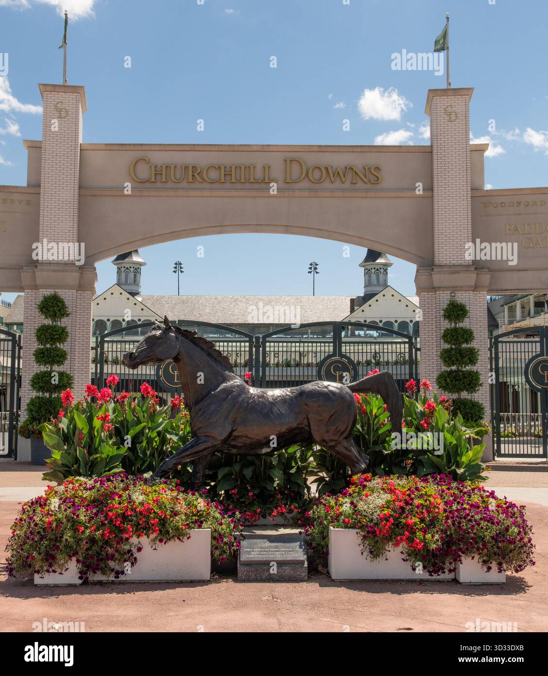 Grand Entrance to the Kentucky Derby at Churchill Downs in Louisville Kentucky. Shown is a sculpture of a thoroughbred horse. Stock Photo