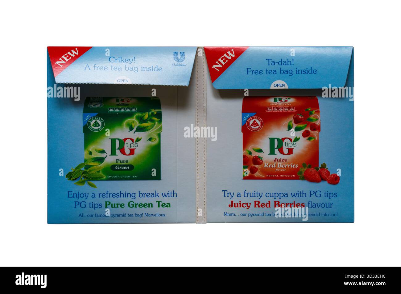 Two big-tasting samples from PG tips isolated on white background - PG Tips pure green tea & PG Tips Juicy Red Berries teabags tea bags Stock Photo