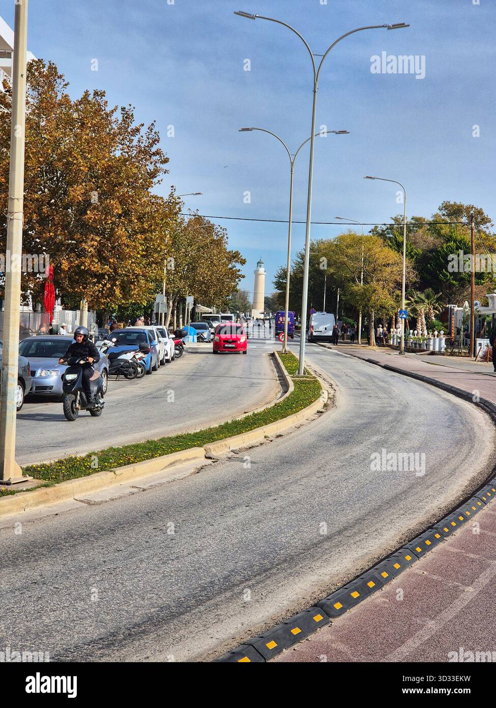 Alexandroupolis, Greece - November 1, 2025. Street leading to the famous lighthouse in Alexandroupolis, Greece. Typical cityscape. - Smartphone Captured Stock Image