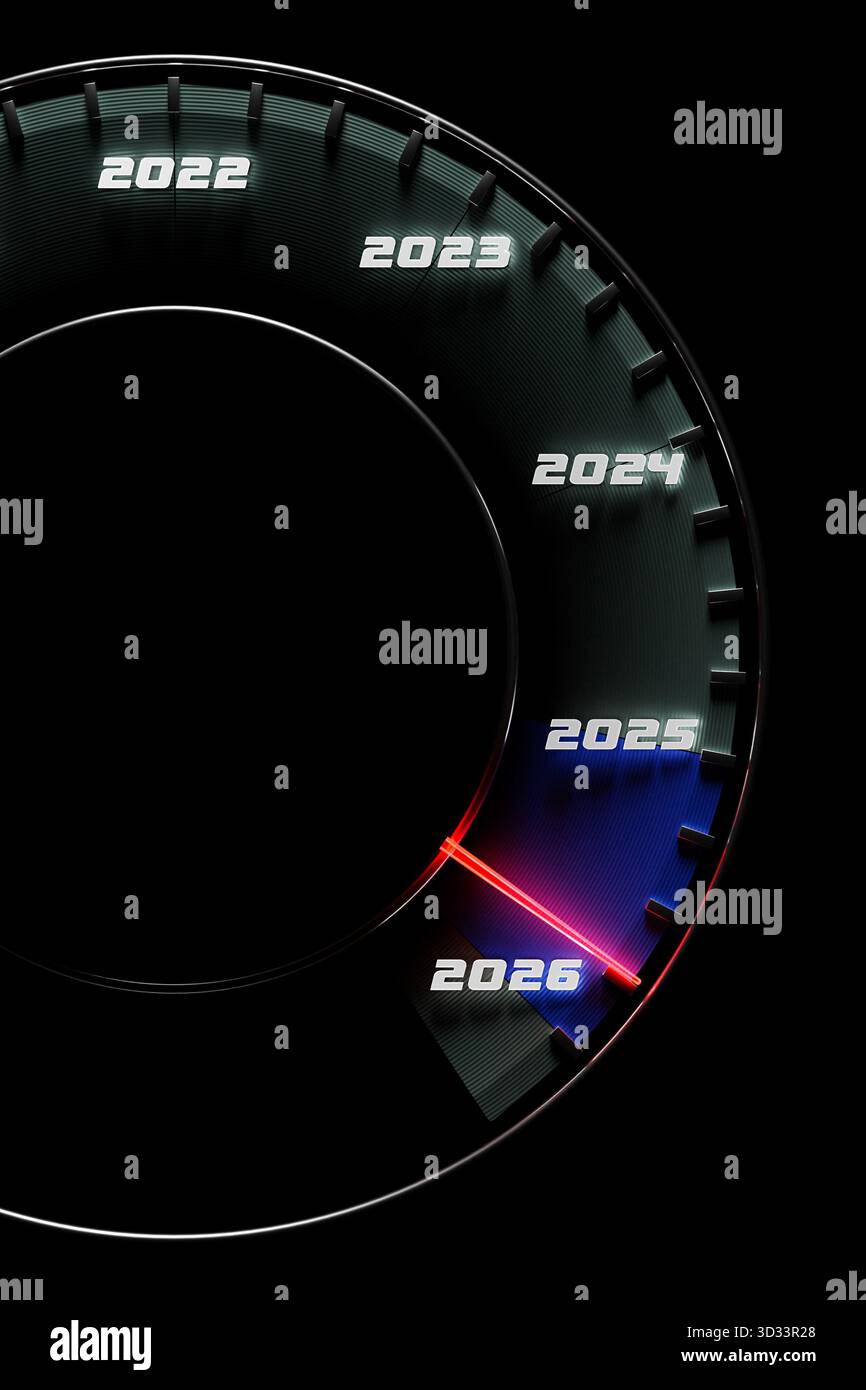 3D illustration of a close-up black speedometer with cutoff points at ...