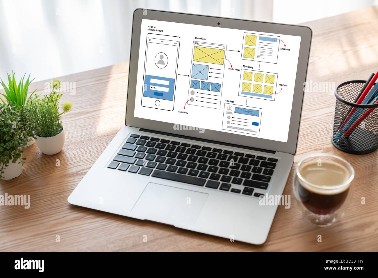 UX UI design process for modish mobile application and website . Creative prototype of wireframe for professional app developer . Stock Photo