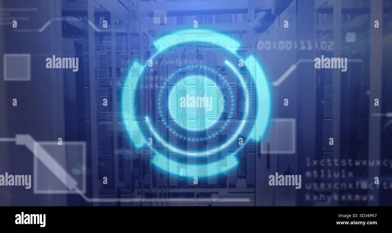 Displaying translucent blue circular HUD interface hovering in data center, server racks and cables Stock Photo