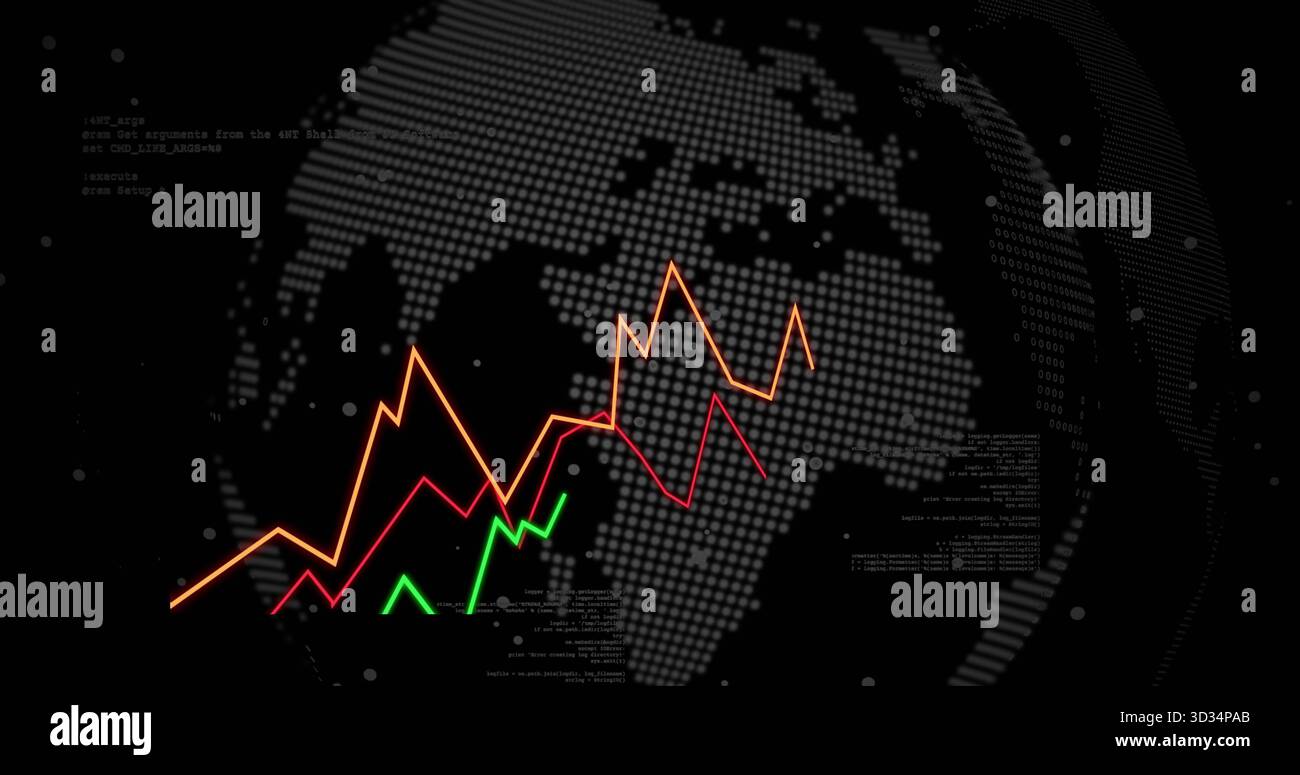 Displaying colored zigzag line graphs over dotted globe on dark data dashboard, code snippets Stock Photo