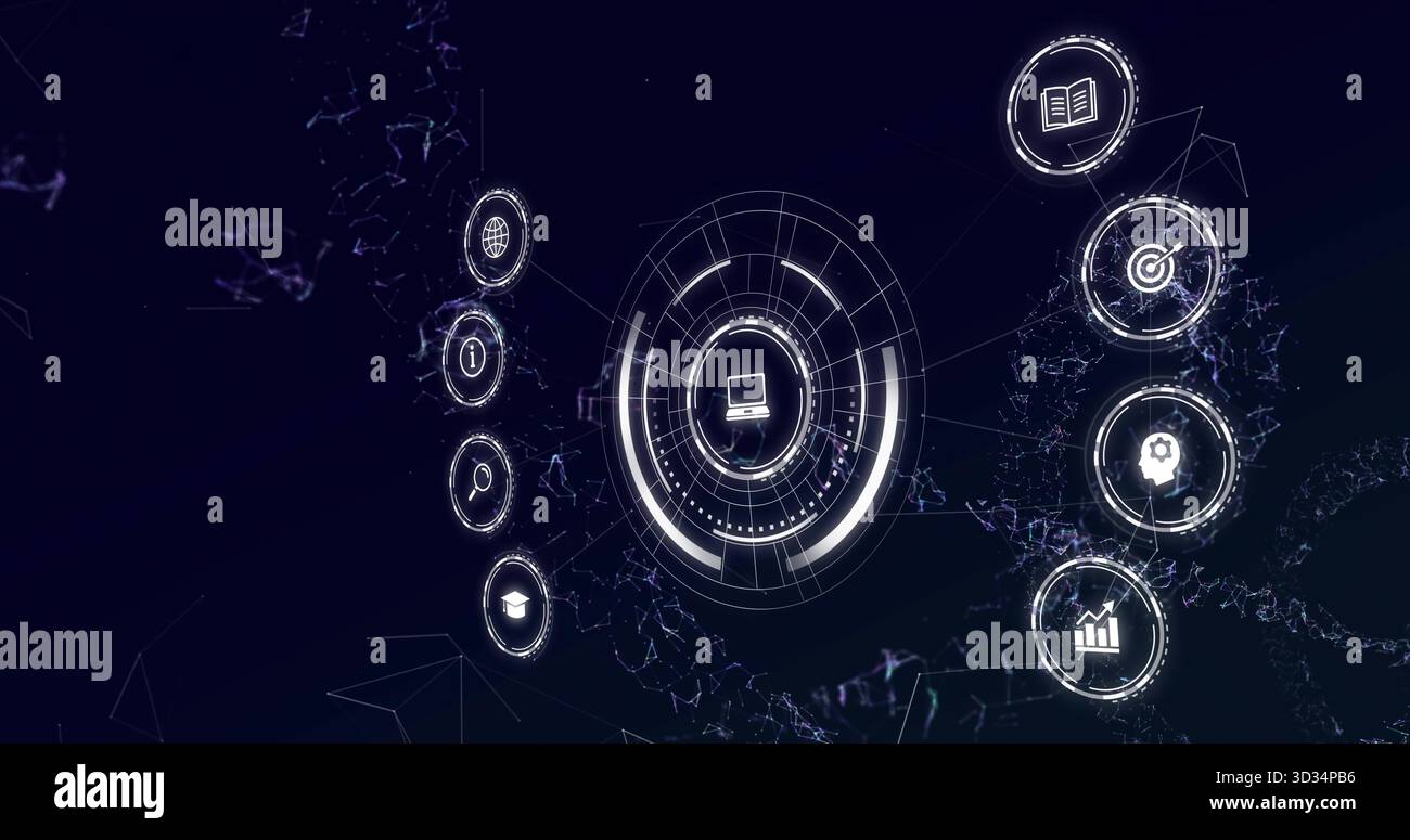 Displaying central computer icon in circular UI on dark interface, with glowing column icons, lines Stock Photo