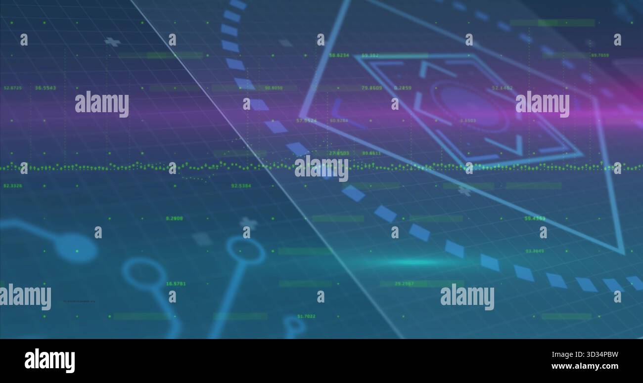 Displaying hexagonal UI glowing with dashed ring on holographic grid, neon streaks data points Stock Photo