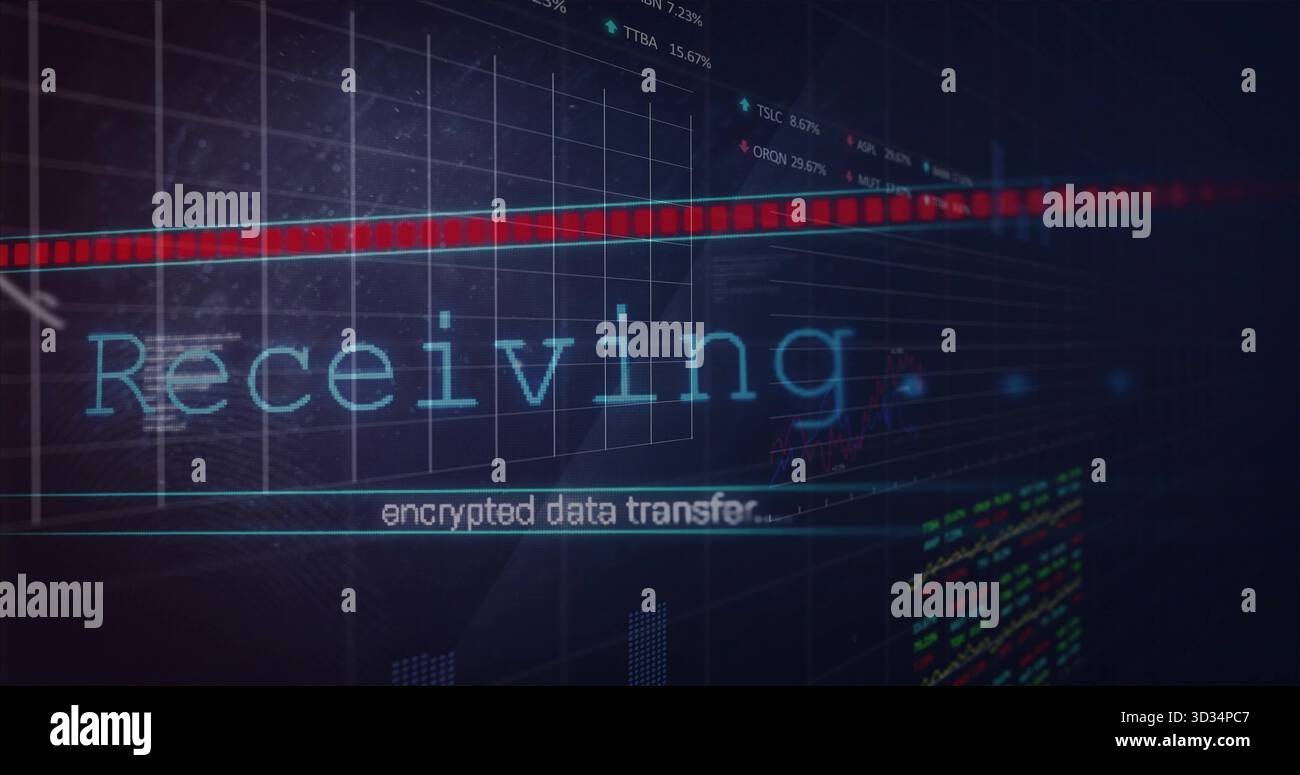 Displaying cyan-blue Receiving text on dashboard with encrypted transfer grid and red data line Stock Photo