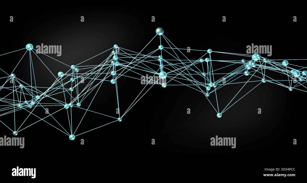 Displaying network graph spanning dark gradient backdrop, showing blue-green nodes, thin lines Stock Photo