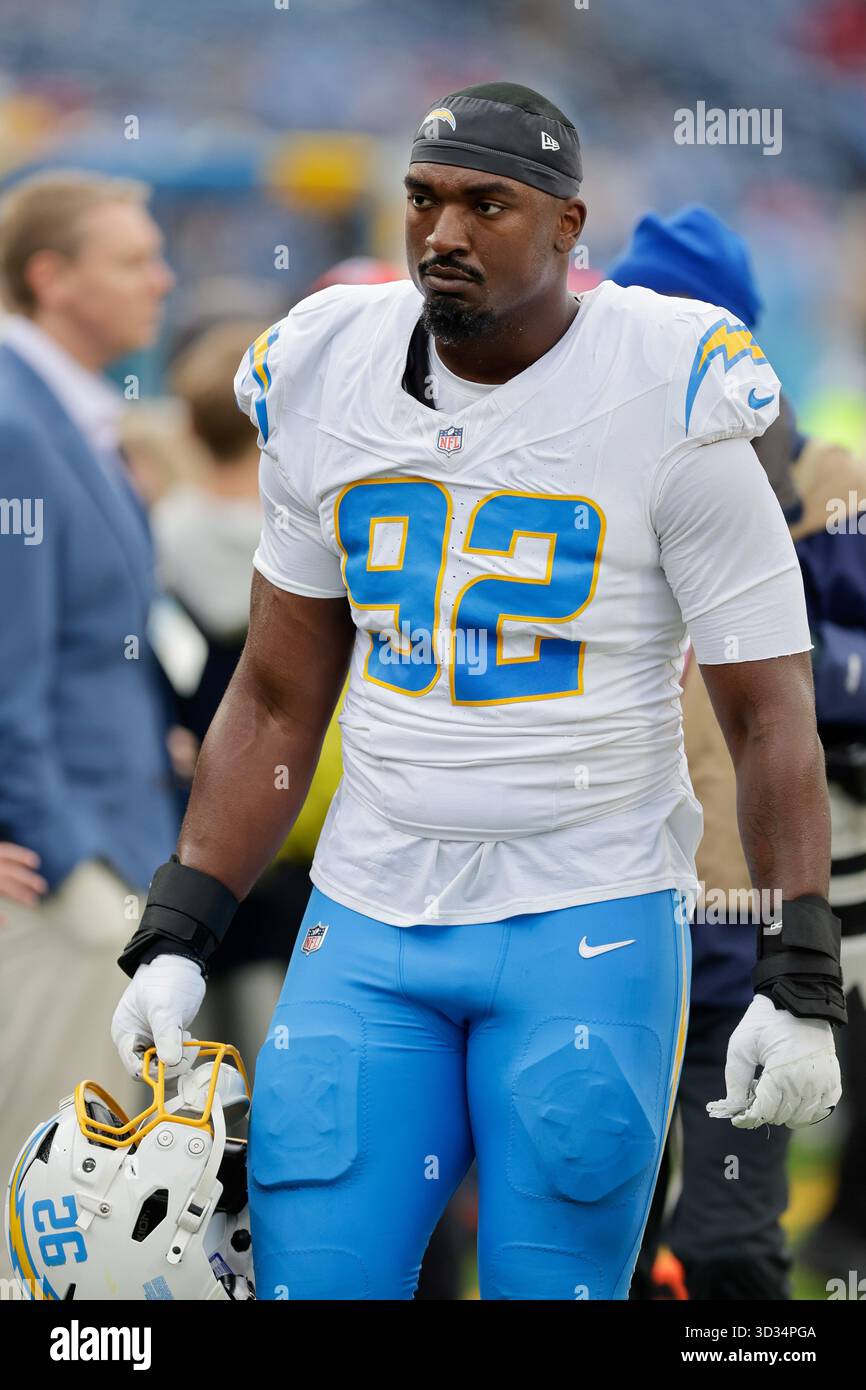 Los Angeles Chargers defensive lineman Justin Eboigbe (92) walks to the ...