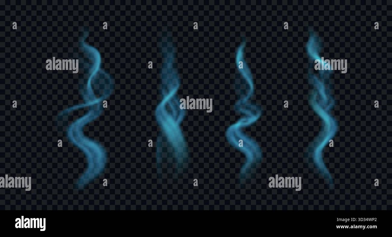 Glowing, wavy incense smoke and steam. Blue curved vapor isolated on transparent background Stock Vector