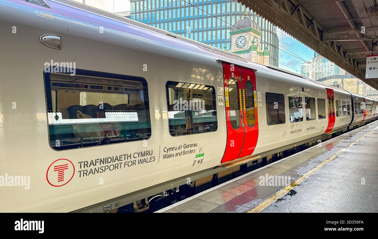 Cardiff, Wales, UK - 24 October 2025: Train operated by Transport for Wales at Platform 1 of Cardiff Central railway station - Smartphone Captured Stock Image