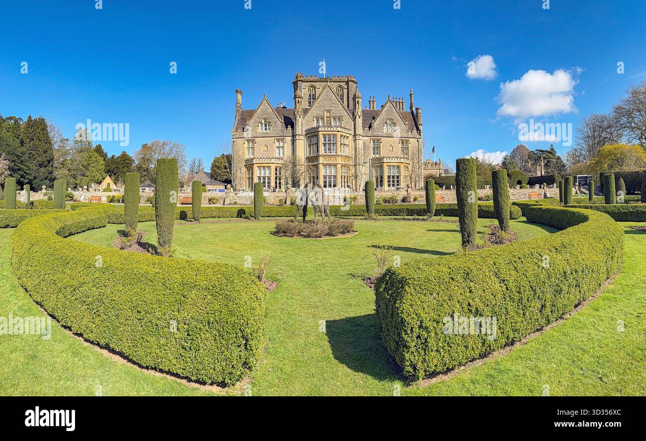 Gloucester, Gloucestershire, England, UK - 28 March 2025: Scenic view of the main building and landscaped gardens of the Tortworth Court Hotel - Smartphone Captured Stock Image