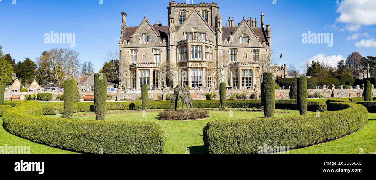 Gloucester, Gloucestershire, England, UK - 28 March 2025: Scenic exterior view of the main building and landscaped garsens of the Tortworth Court Hote - Smartphone Captured Stock Image