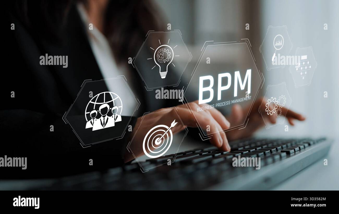 Business Process Management concept showing workflow analysis, process optimization, team collaboration, automation, and performance improvement Stock Photo