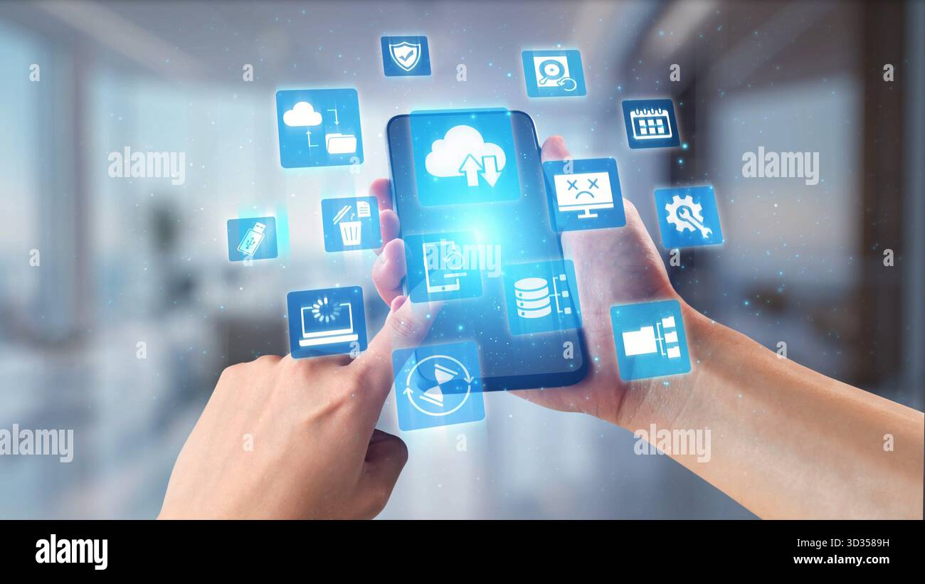 Cloud backup system connects devices through a secure data backup network. Data backup ensures protection, data backup reliability, and recovery. Gist Stock Photo