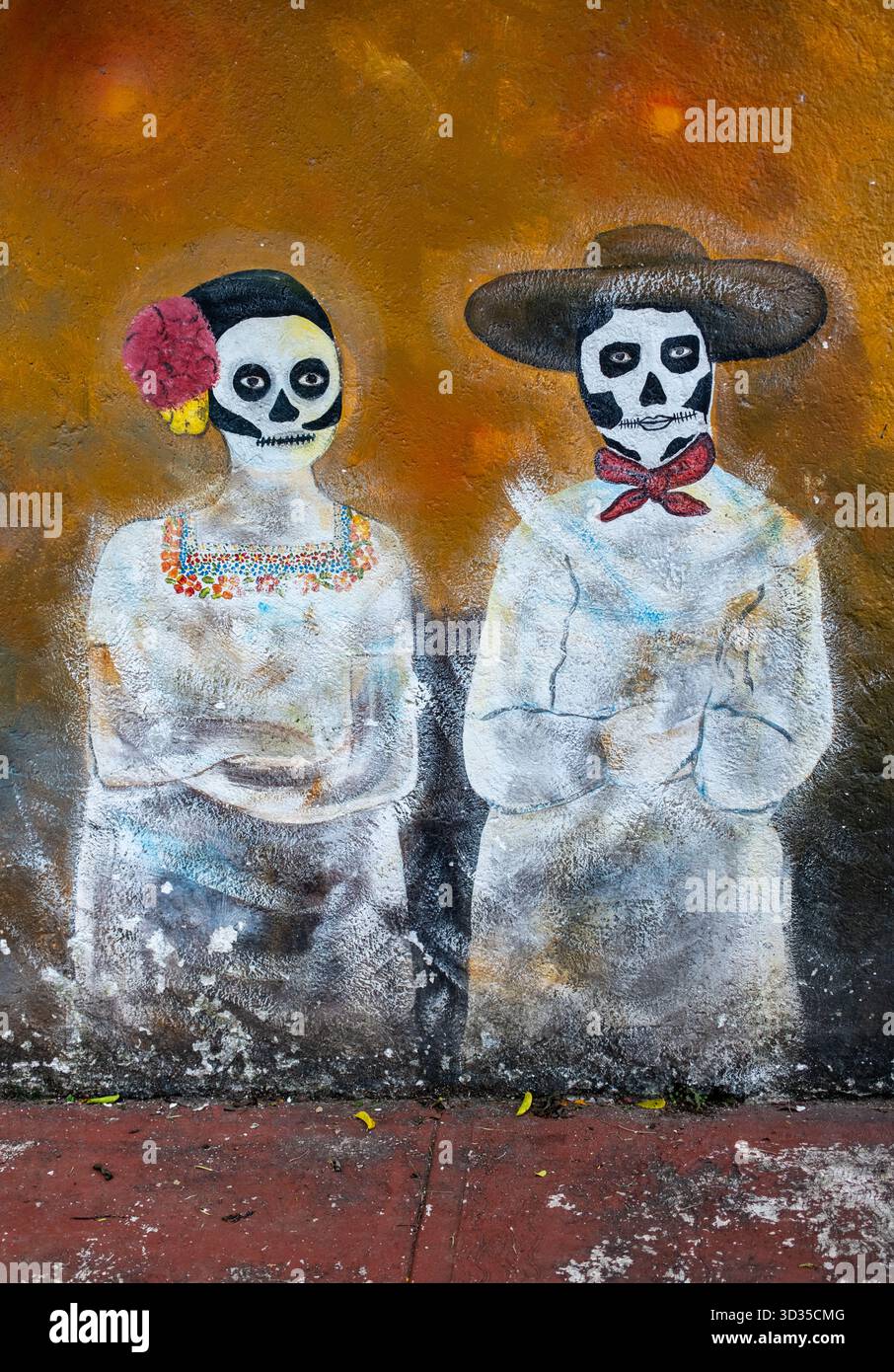 Day of the Dead Mural outside Panteon Cemetery in Downtown Cozumel Mexico Stock Photo