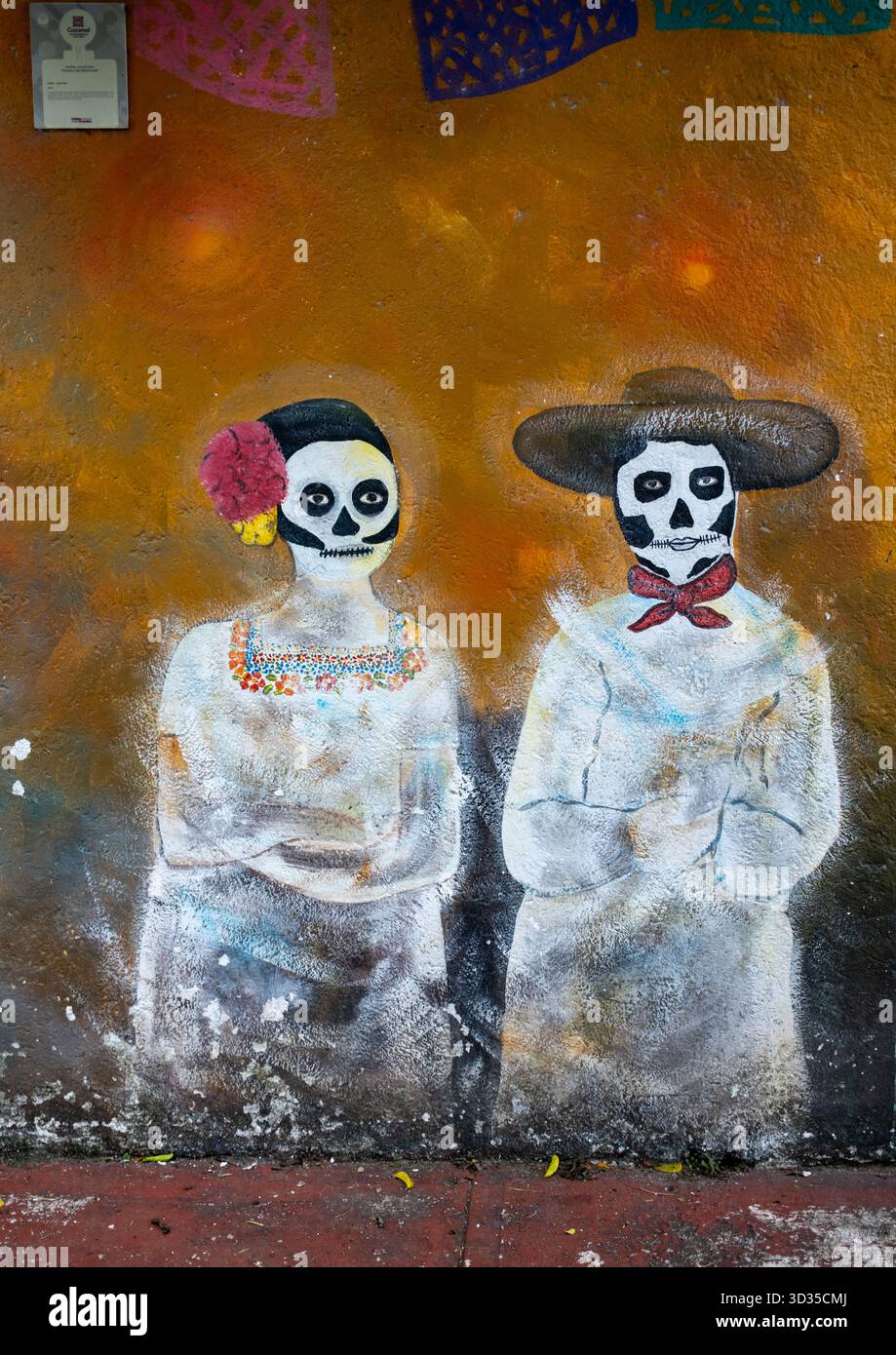 Day of the Dead Mural outside Panteon Cemetery in Downtown Cozumel Mexico Stock Photo