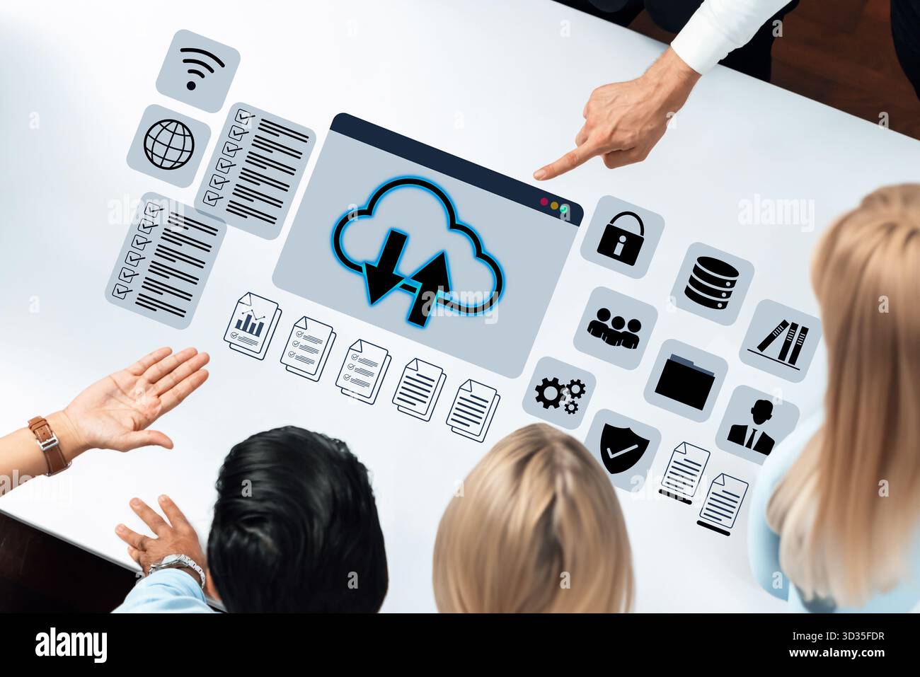 Cloud upload and download icon with surrounding data management, security, and analytics icons in digital interface Parse Stock Photo