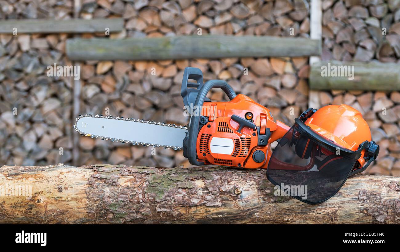 Portable gasoline chainsaw and helmet with protective mesh visor on a ...