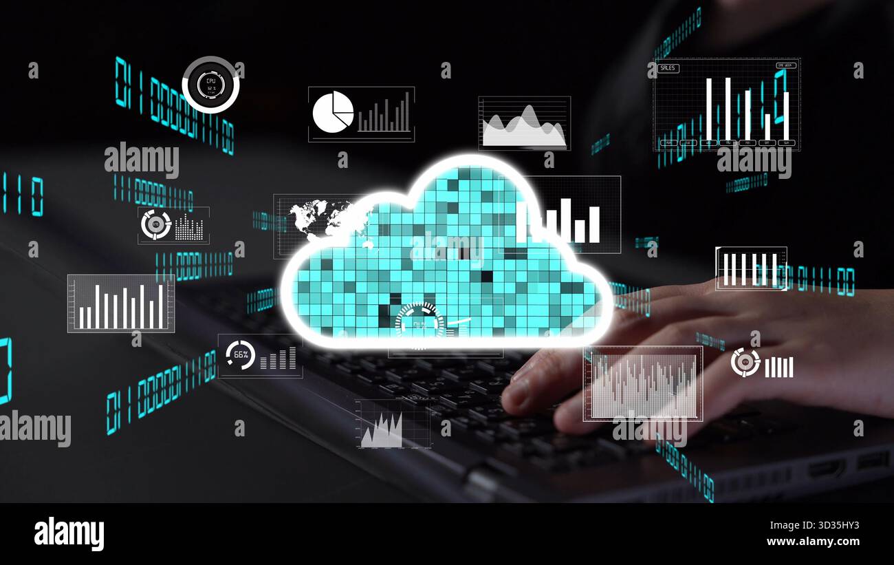 This image depicts the concept of cloud computing with graphical data ...