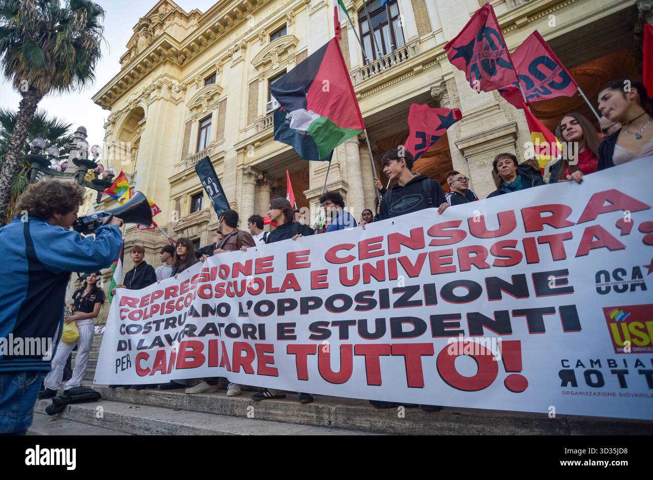 Rome, Italy. 04th Nov, 2025. A banner is displayed as protesters chant slogans during the 'Schools Don't Enlist' protest organized by USB Scuola, OSA and Cambiare Rotta against war and censorship in education, outside the Ministry of Education. Credit: SOPA Images Limited/Alamy Live News Stock Photo