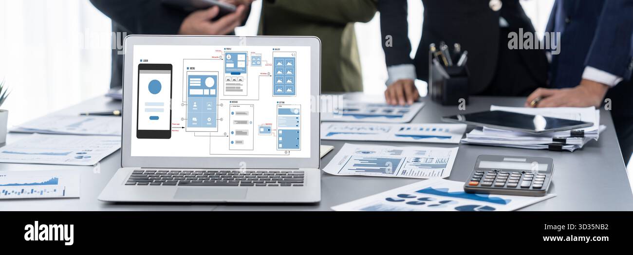 UX UI design process for brisk mobile application and website . Creative prototype of wireframe for professional app developer . Stock Photo