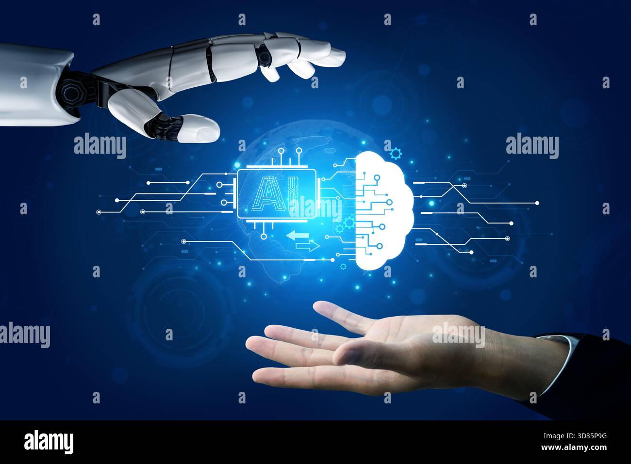 An advanced AI assistant visualizes its machine learning process. This generative technology shows its core processor connecting to a cloud brain and Stock Photo