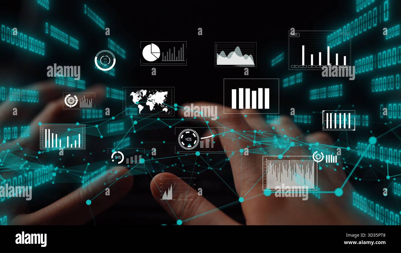 Engaging image showcasing data analysis with hands typing on a keyboard, surrounded by dynamic graphs and digital elements representing modern Stock Photo