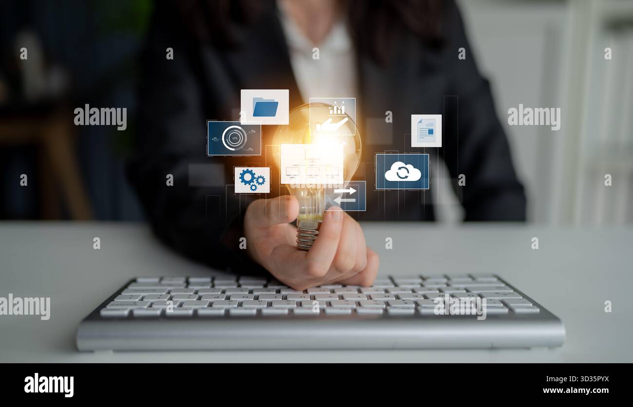 Digital business infrastructure with data system, analytics, sync. System management improves access, system management ensures performance, and Stock Photo