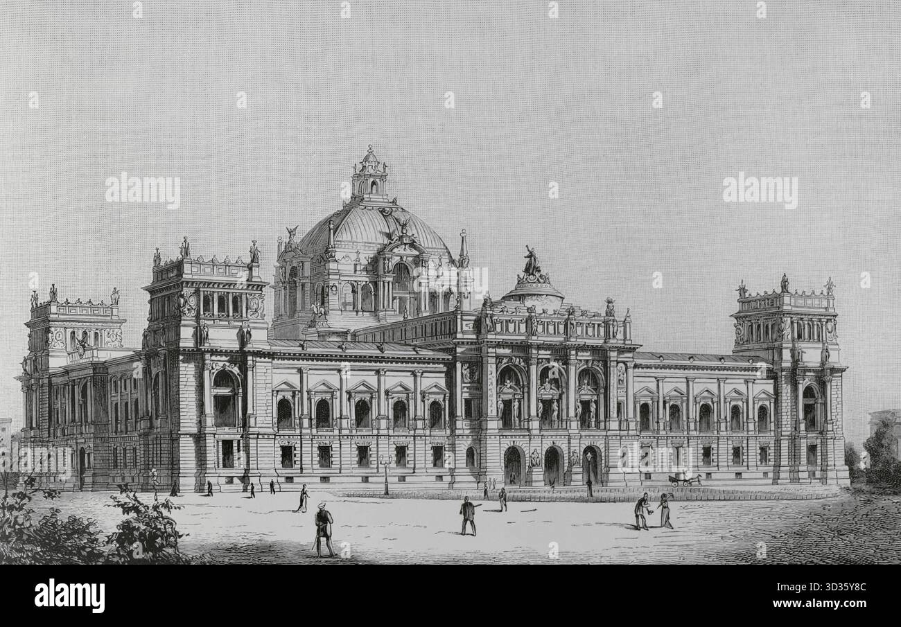 Berlin, Germany. Design of the Reichstag building by the architect Paul Wallot (1841-1912) in 1882. In February 1882 an architectural contest was held. Wallot's design was chosen. It was built between 1884 and 1894. Engraving. The Spanish and American Illustration (La Ilustracion Espanola y Americana), 1884. Stock Photo