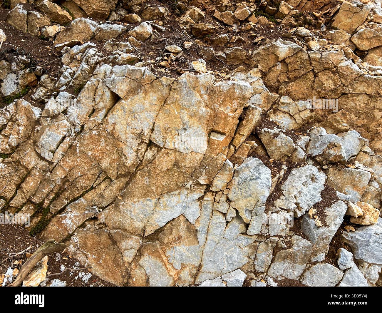Detailed close-up of a limestone rock face with visible cracks, weathering, and warm earthy hues. Ideal for backgrounds, geology. - Smartphone Captured Stock Image