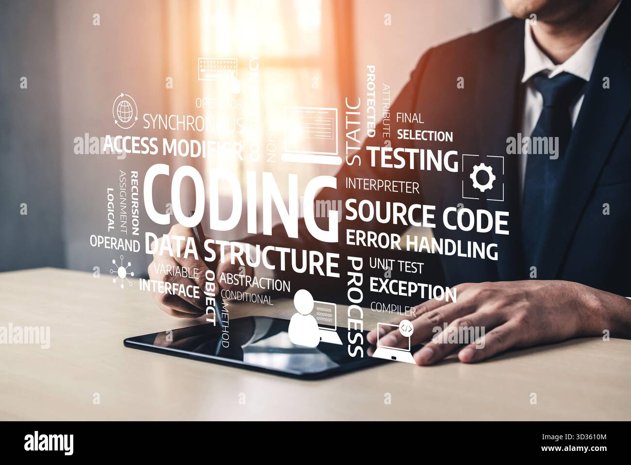 Professional individual in formal attire engaging with a tablet, surrounded by visual elements related to coding, data management, and software Stock Photo
