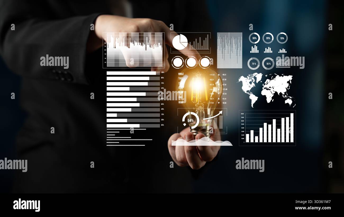 A business professional interacts with innovative digital data visualizations and graphs in a high-tech setting, showcasing modern analytics and Stock Photo
