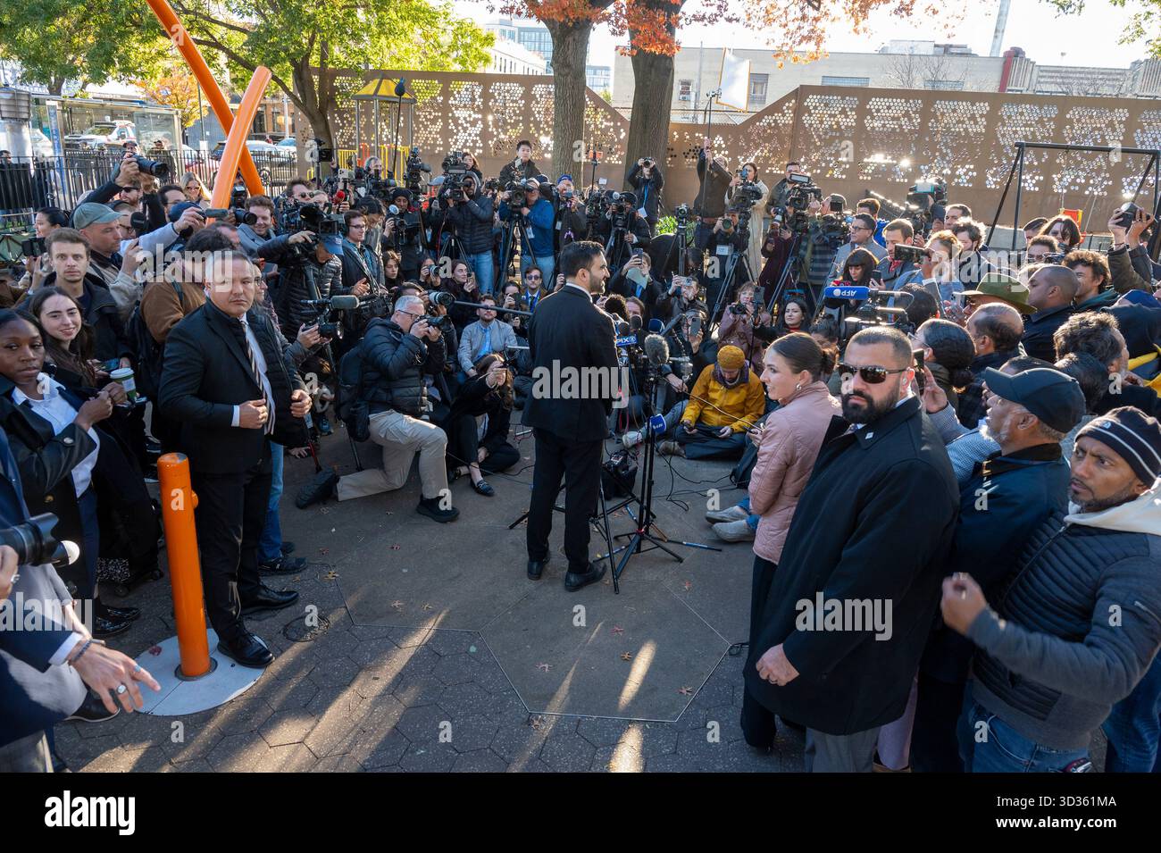 New York, United States. 04th Nov, 2025. Democratic New York City mayoral candidate Zohran Mamdani speaks to media after casting his vote in the general election at a park outside the Frank Sinatra High School in New York City. Credit: SOPA Images Limited/Alamy Live News Stock Photo