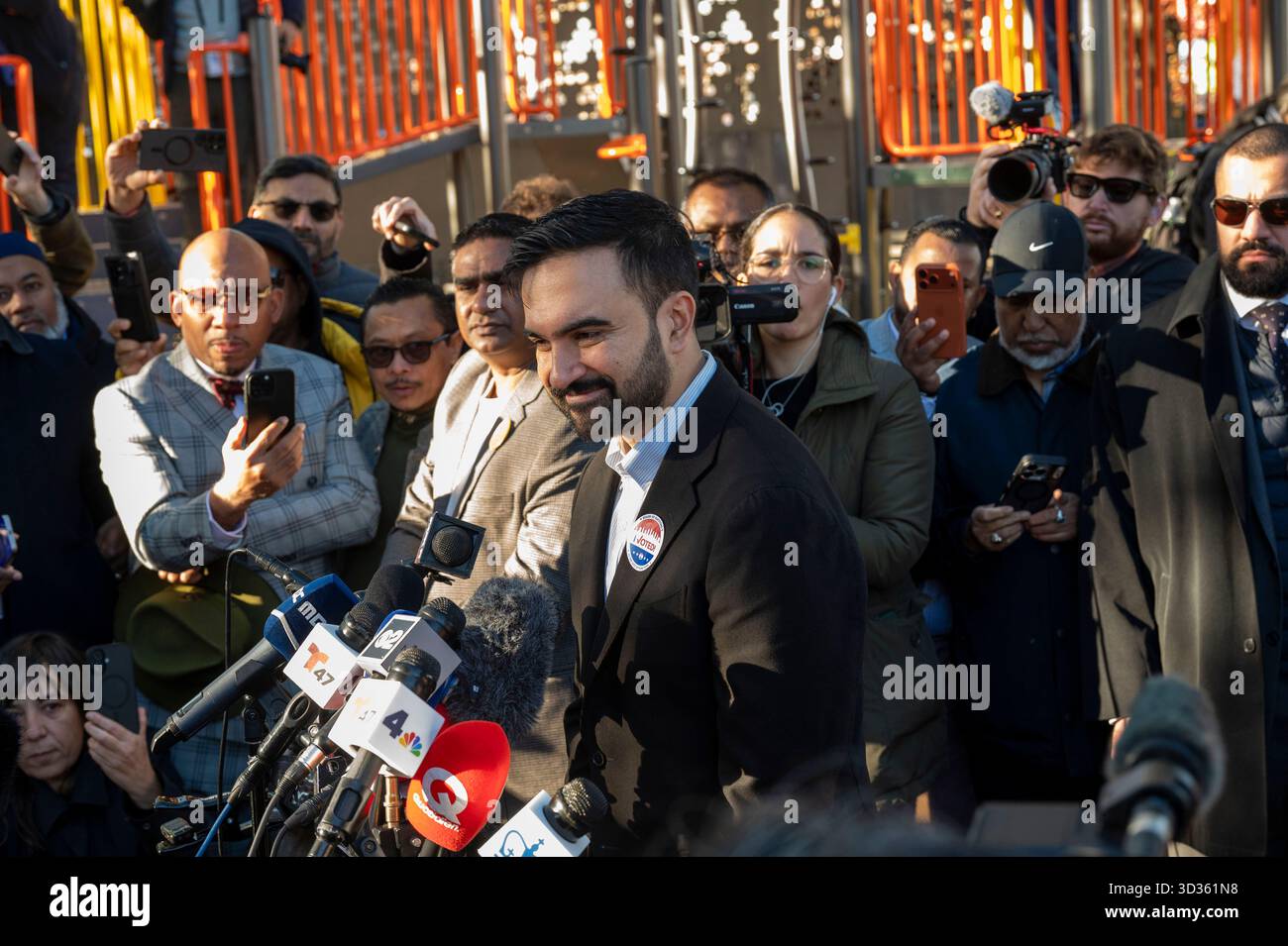 New York, United States. 04th Nov, 2025. Democratic New York City mayoral candidate Zohran Mamdani speaks to media after casting his vote in the general election at a park outside the Frank Sinatra High School in New York City. Credit: SOPA Images Limited/Alamy Live News Stock Photo