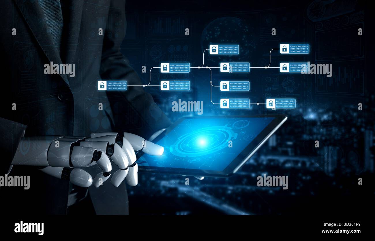 AI enhances blockchain systems by securing encrypted data chains, verifying transactions, and optimizing decentralized network integrity and smart Stock Photo
