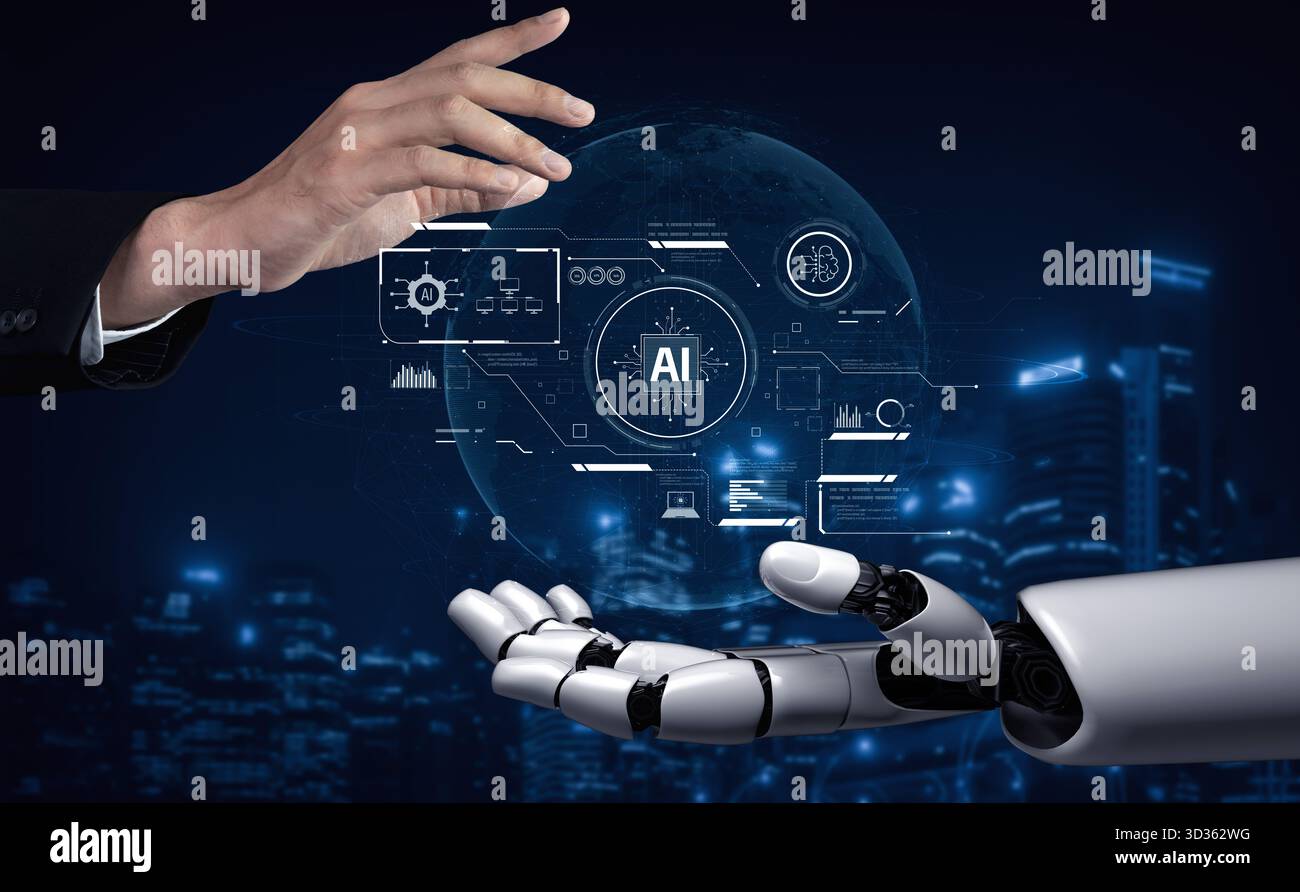 AI system interacting with artificial intelligence interface, processing data, executing algorithms, and enhancing automation with advanced artificial Stock Photo