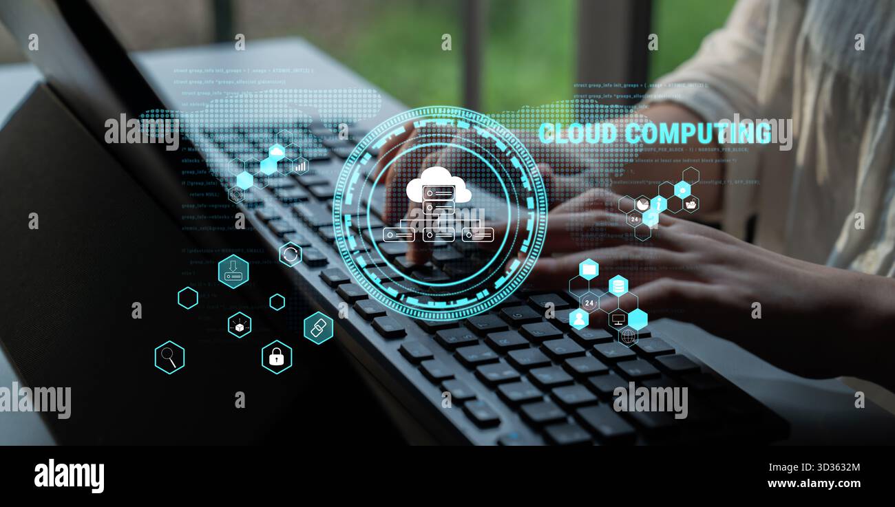 Global cloud computing platform providing services for software development. A worldwide network for data storage, security, and application hosting Stock Photo