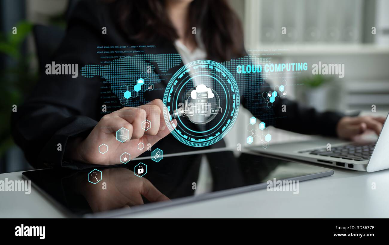Global cloud computing platform providing services for software development. A worldwide network for data storage, security, and application hosting Stock Photo