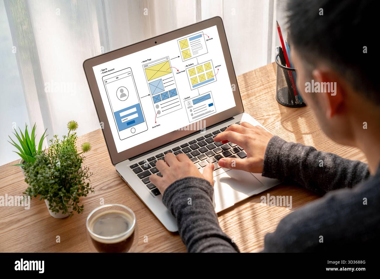 UX UI design process for modish mobile application and website . Creative prototype of wireframe for professional app developer . Stock Photo