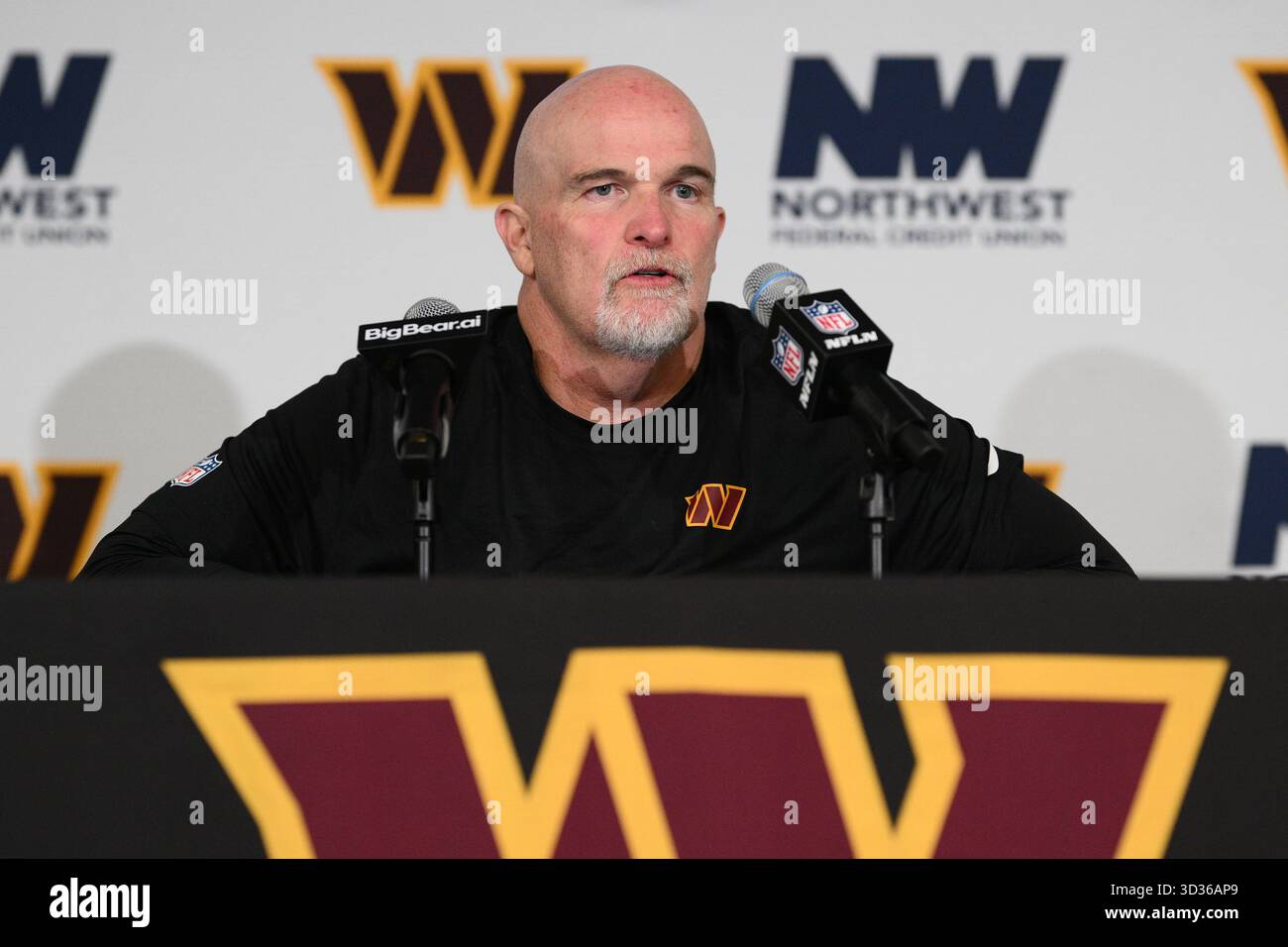 Washington Commanders head coach Dan Quinn speaking to members of the ...