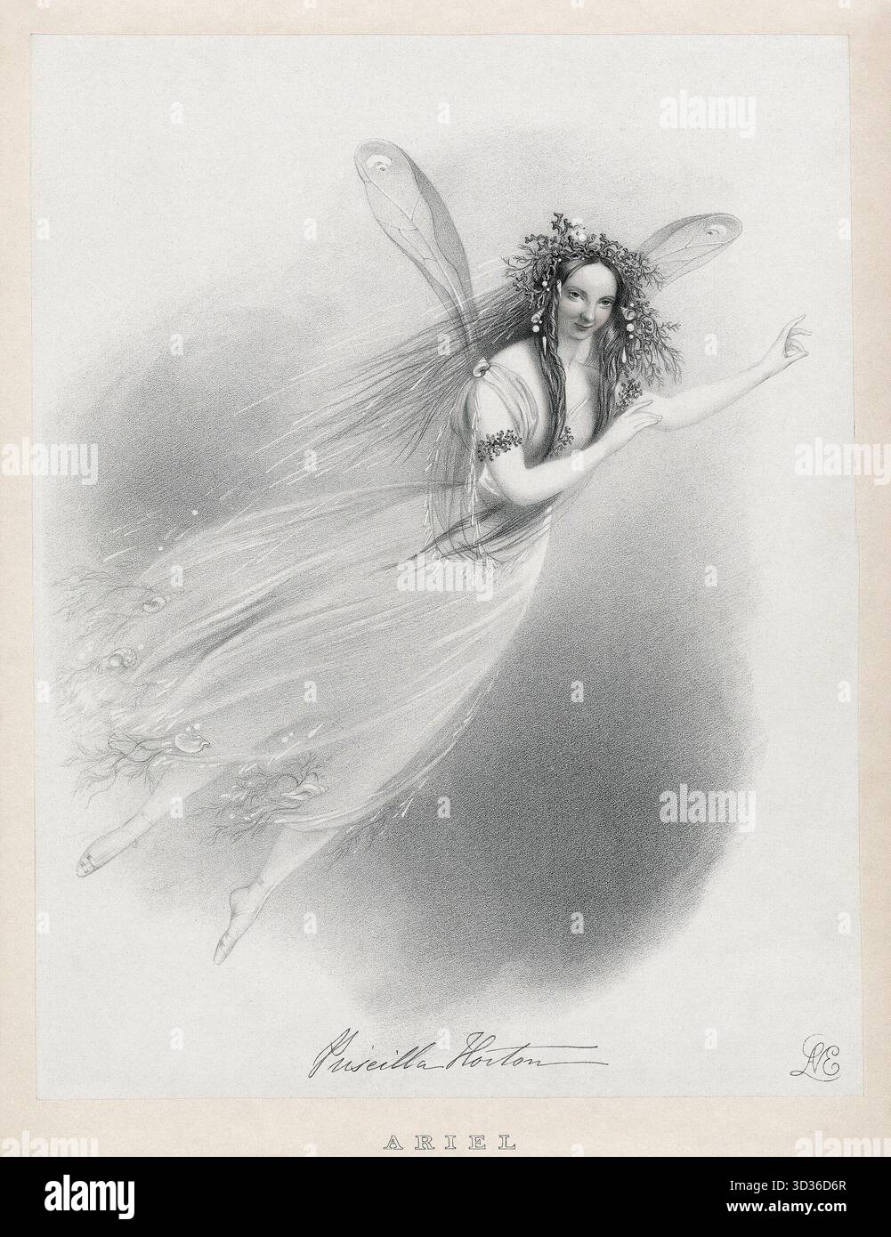 Historical lithograph artwork of Priscilla Horton as Ariel in the final ...