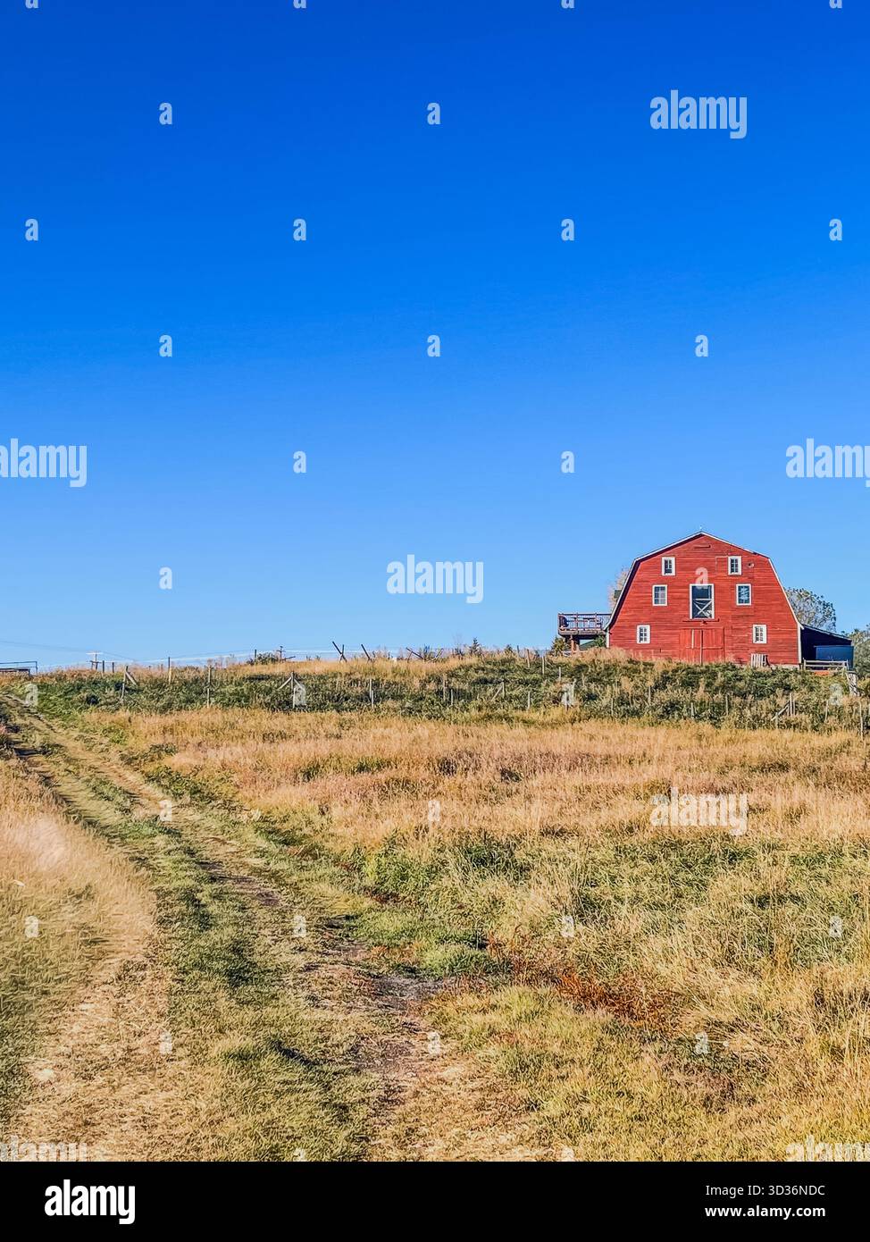 A red barn sits on a grassy hill beside a dirt path and fence, under a clear blue sky. Rustic rural landscape conveying solitude, countryside charm, a - Smartphone Captured Stock Image