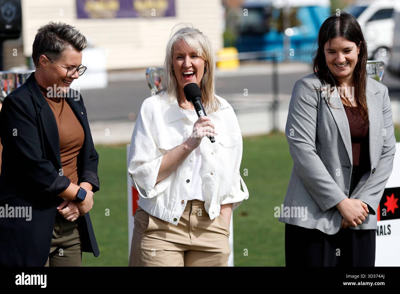 Debbie Lee speaks as the Cup Ambassador during the 2025 AFLW Finals ...